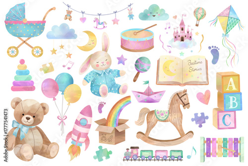 Watercolor baby toys set. Hand drawn teddy bear, rainbow, bunny, book, rocket. Cute pastel nursery illustration