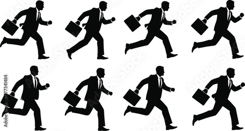 Businessman running icon set, black silhouette vector, urgency and motion graphics, briefcase action poses, corporate rush illustration, professional movement design pack