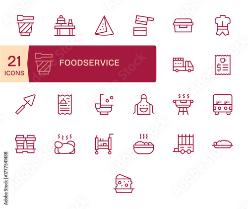 Foodservice 128x128 Vector Icon Pack with 25 Regular Line Grid Fitted Elements