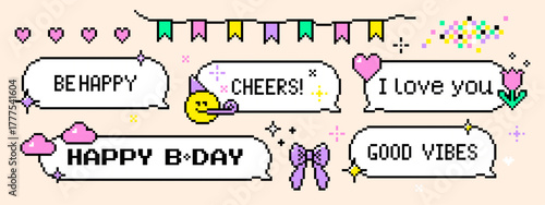 Pixel birthday speech bubbles, text Be Happy, Cheers, I Love You, Happy B-Day. Partying emoticon face, party horn. Retro 8 bit gaming style celebration chat boxes, party garland, sparkles, confetti