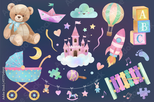Watercolor baby toys set. Hand drawn bear, fantasy castle, stroller, rocket. Cute nursery illustrations on dark background.