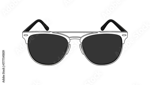 A black and white line drawing of sunglasses on a white background