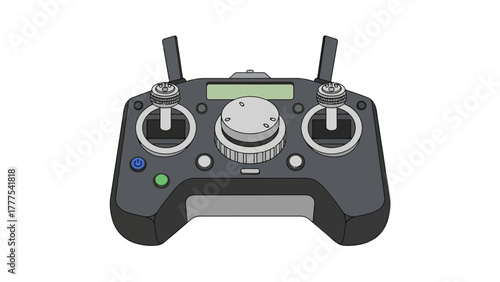 A black drone controller with two joysticks a screen and buttons