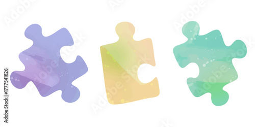 Watercolor baby puzzles in pastel colors. Three cute jigsaw pieces illustration isolated on white background.