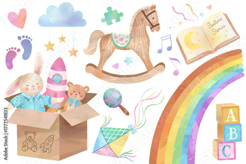 Cute pastel nursery illustrations. Watercolor baby toys set. Hand drawn wooden horse, rainbow, toy box.