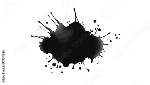 A black ink splatter with gray gradients and small droplets
