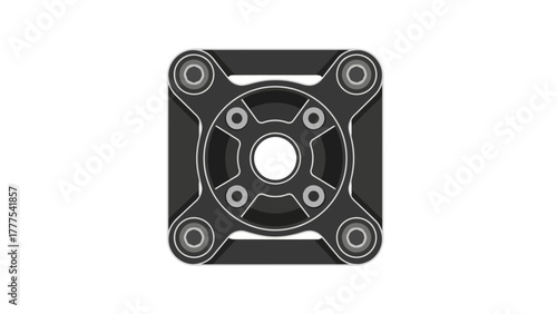 A black symmetrical squareshaped mechanical part with four arms