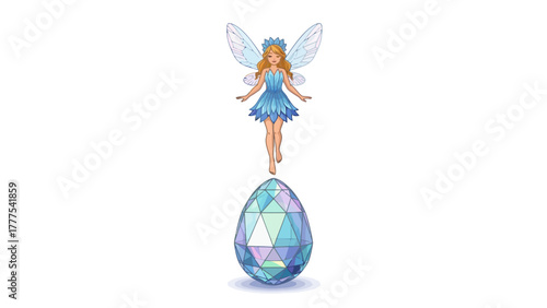 A blonde fairy in a blue dress hovers above a faceted eggshaped gem