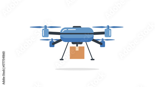 A blue delivery drone carrying a brown box