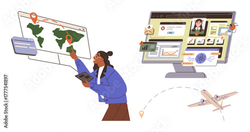 Woman studying a map with location markers, using a tablet. A monitor shows travel details, analytics, and personal information. Airplane symbolizes travel. Ideal for travel, tourism, planning