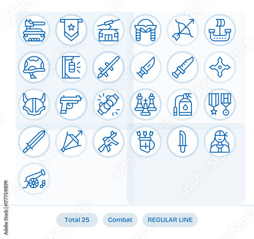 25 Vector Icons for Combat featuring Retina Ready Display Perfect Regular Line Graphics