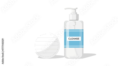 A bottle of cleansing liquid with a pump dispenser and a cotton pad