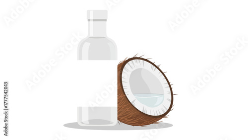 A bottle and a halved coconut with water