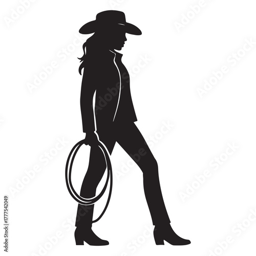 Cowgirl holding lasso rope, rodeo cowhand in boots and hat, western ranch lifestyle silhouette vector