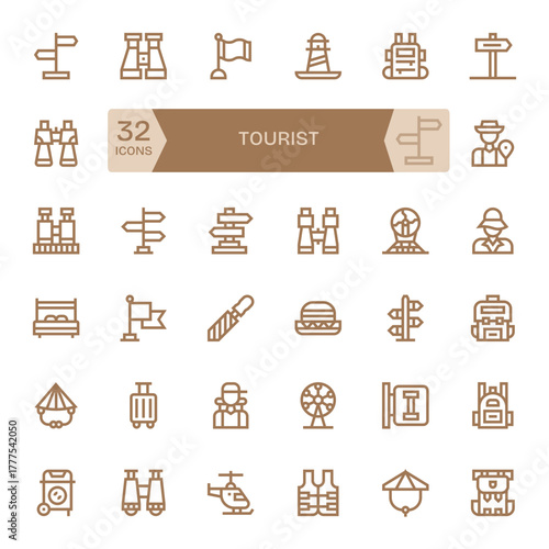 32 Vector Icons for Tourist optimized in Detail Enhanced 128x128 Bold Line resolution