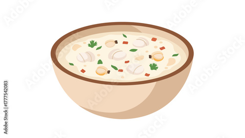 A bowl of creamy soup with seafood and herbs