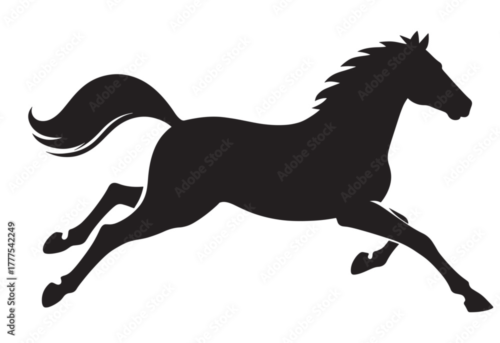 Fototapeta premium Galloping mustang horse in motion, fast running equestrian animal, wild stallion silhouette vector