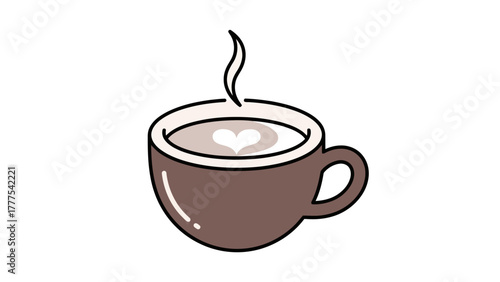 A brown mug with a heart shape in the coffee and steam