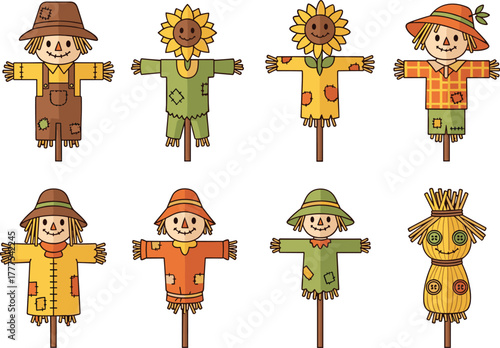 Cartoon scarecrow illustration, autumn harvest character, cute farm decoration, straw figure design, patchwork scarecrow set, seasonal vector art, friendly scarecrow collection