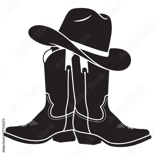 Cowboy hat boots and lasso rope still life, western ranch gear and rodeo equipment, country lifestyle silhouette vector