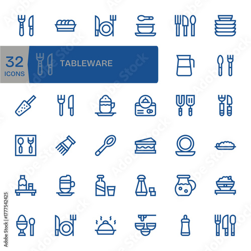 Tableware Essential Vector Set including 32 Detail Enhanced Bold Line High Resolution Icons