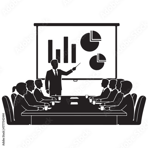 Boardroom business presentation with charts and graphs, manager briefing team on analytics and KPIs, corporate meeting silhouette vector