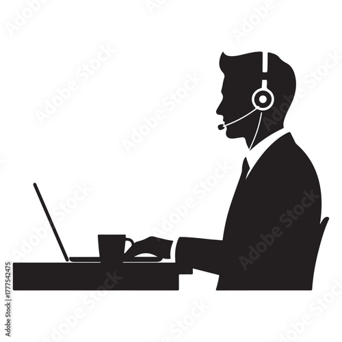Remote support agent working on laptop with headset, online customer service and technical assistance, work‑from‑home silhouette vector