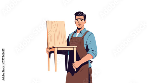 A carpenter holds a wooden chair