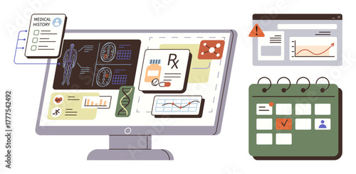 Computer screen with medical data, patient history, prescriptions, charts, DNA graphics, risk alerts, and calendar. Ideal for telemedicine, digital health diagnostics scheduling data management