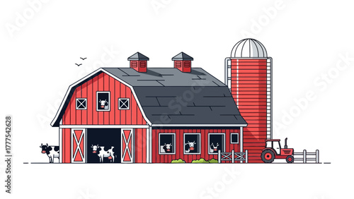 A cartoon barn with cows and a tractor on a white background