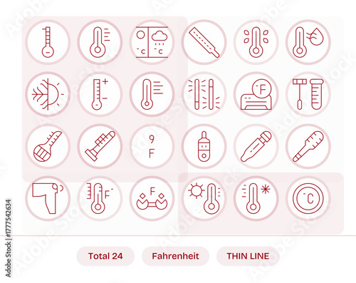 Fahrenheit Display Perfect Vector Set with 24 64x64 Thin Line Icons
