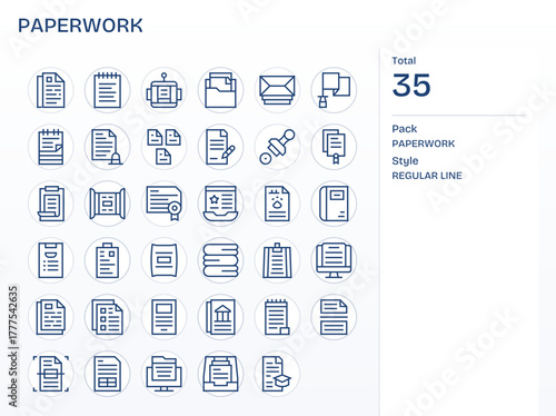 Paperwork Vector Icon Set with 35 Regular Line 128x128 Pixel Aligned Graphics