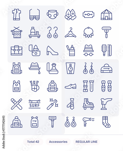 Accessories featuring 42 128x128 Vector Icons in Regular Line Design