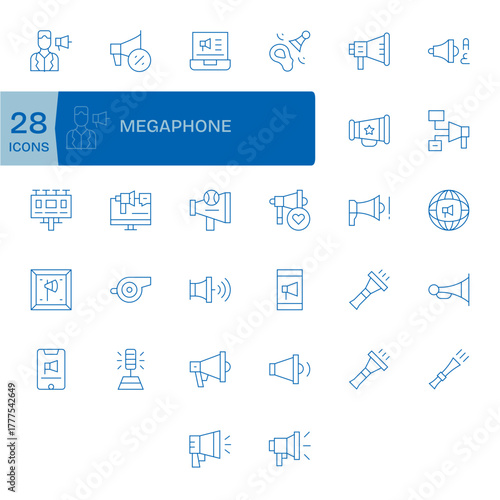 Megaphone Professional Vector Set with 32 Thin Line PIXEL Perfect 128x128 Icons