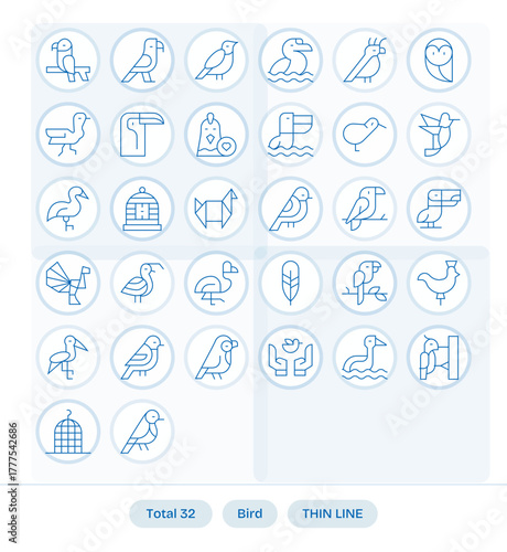 Papier peint Bird Vector Icon Toolkit featuring 32 Grid Fitted 64x64 Thin Line elements