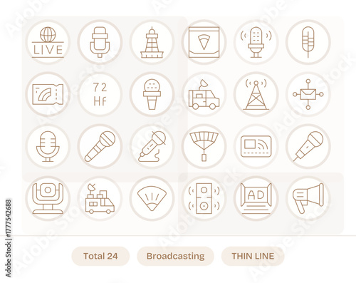 24 Editable 64x64 Vector Icons for Broadcasting in elegant Thin Line design