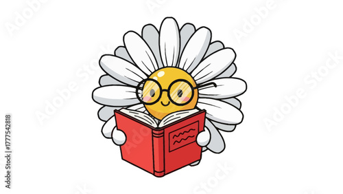 A cartoon daisy wearing glasses reads a red book
