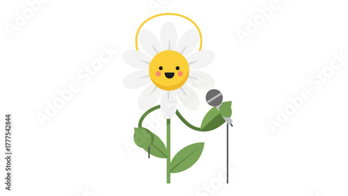 A cartoon daisy with a halo holds a microphone