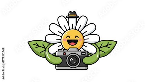 A cartoon daisy with a hat and camera surrounded by leaves