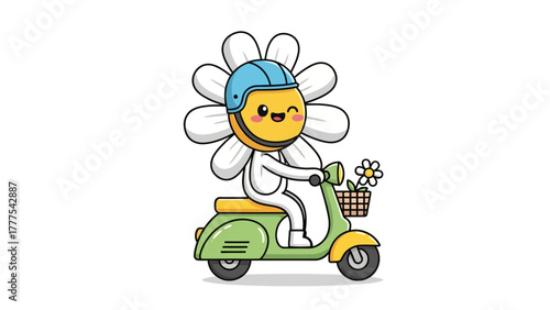 A cartoon daisy with a helmet rides a scooter with a flower in its basket