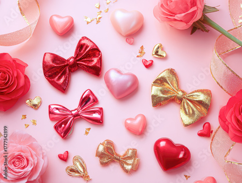 A vibrant arrangement of pink and red bows, hearts, and roses on a pastel background, creating a romantic and festive atmosphere.