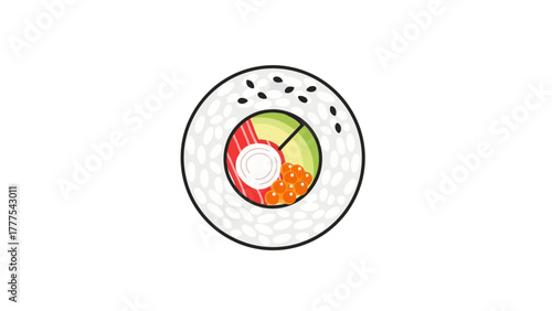 A cartoon drawing of a sushi roll with fish avocado and roe