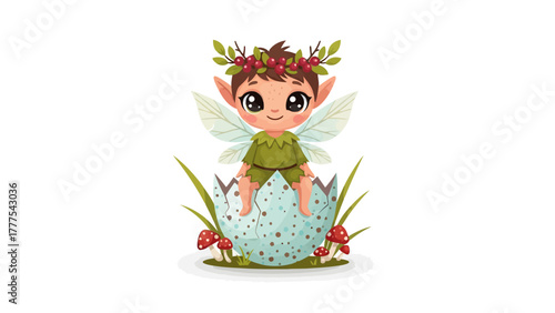 A cartoon fairy with wings sits in a broken egg with mushrooms