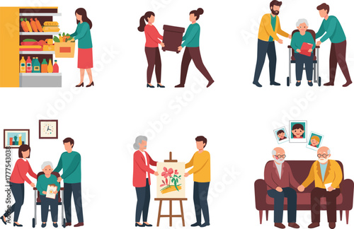 Elderly care illustration set, family support activities, caregiver and senior interaction, intergenerational bonding scenes, compassion and wellness vector, home assistance concept art