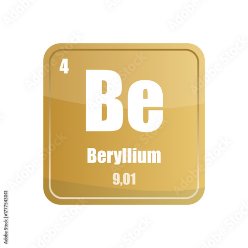 Beryllium chemical element tile. Atomic number four. Be sign Vector icon. Yellow brown square shape.