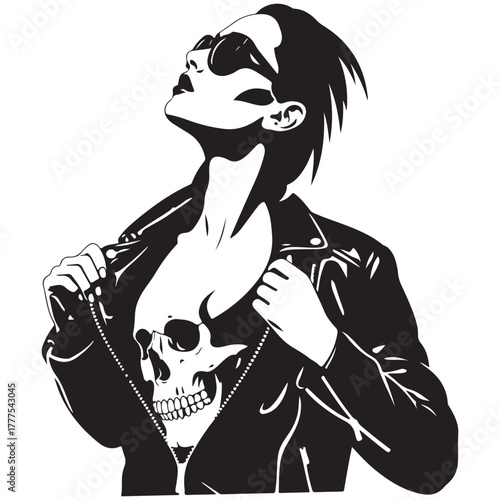 Punk rocker woman opening jacket to reveal skull T‑shirt, rebellious biker style, black and white vector