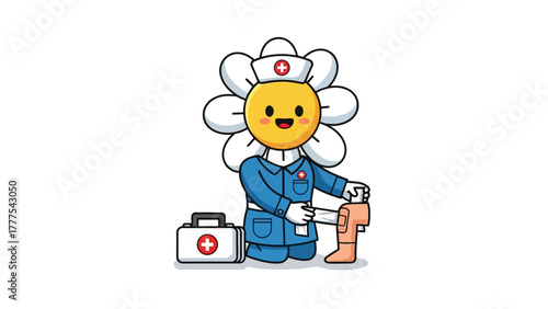 A cartoon flower character dressed as a nurse