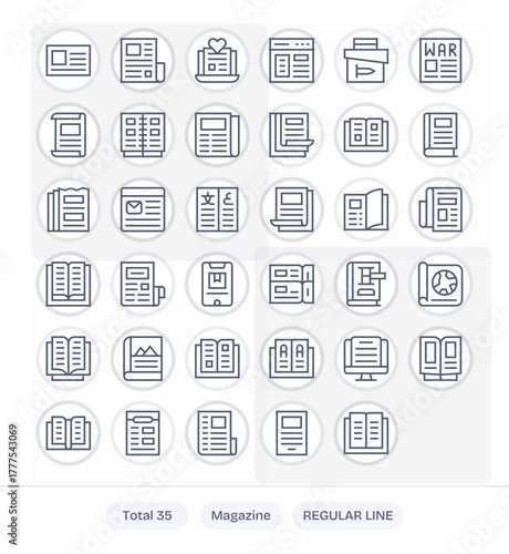 Magazine Vector Icon Collection with 35 64x64 Regular Line Designs