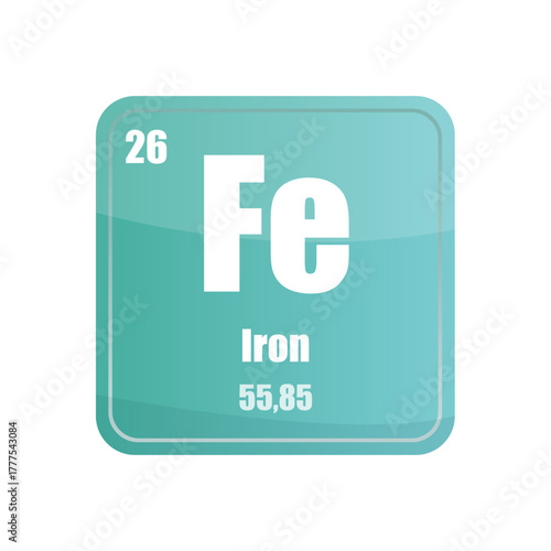 Iron chemical element tile. Atomic number twenty six. Fe sign Vector icon. Deep green square shape.