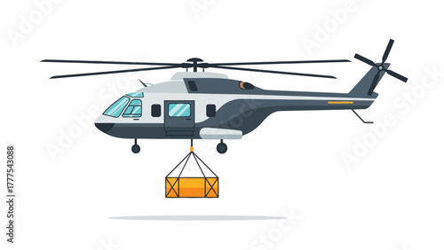 A cartoon helicopter transports an orange cargo box suspended from a sling